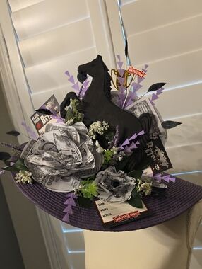 Purple Fascinator Hat with Black Horse Accent